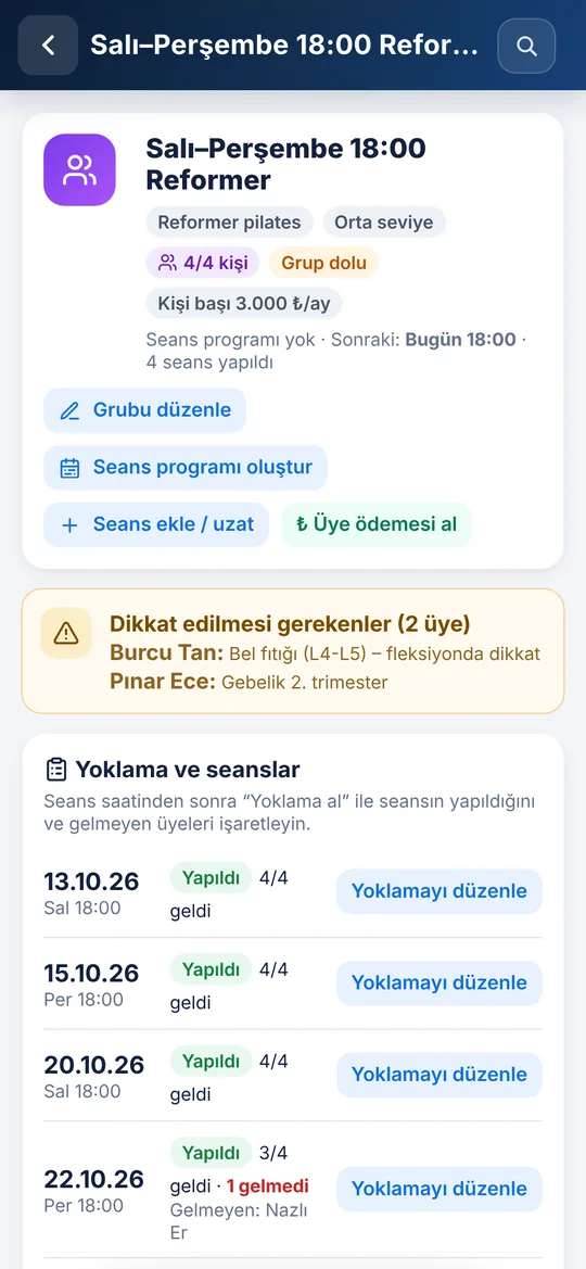 Telefonda pilates grubu sayfası: üyeler, sağlık uyarıları ve yoklama